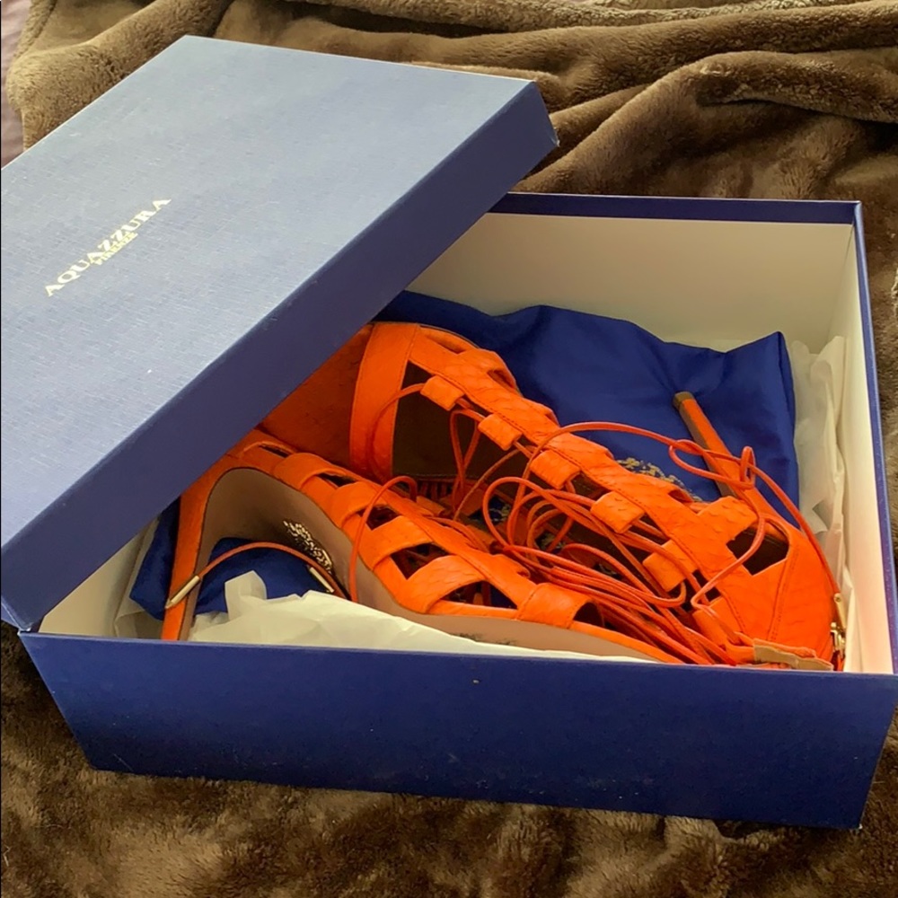 Aquazzara Orange Python Leather Lace Up Sandals
